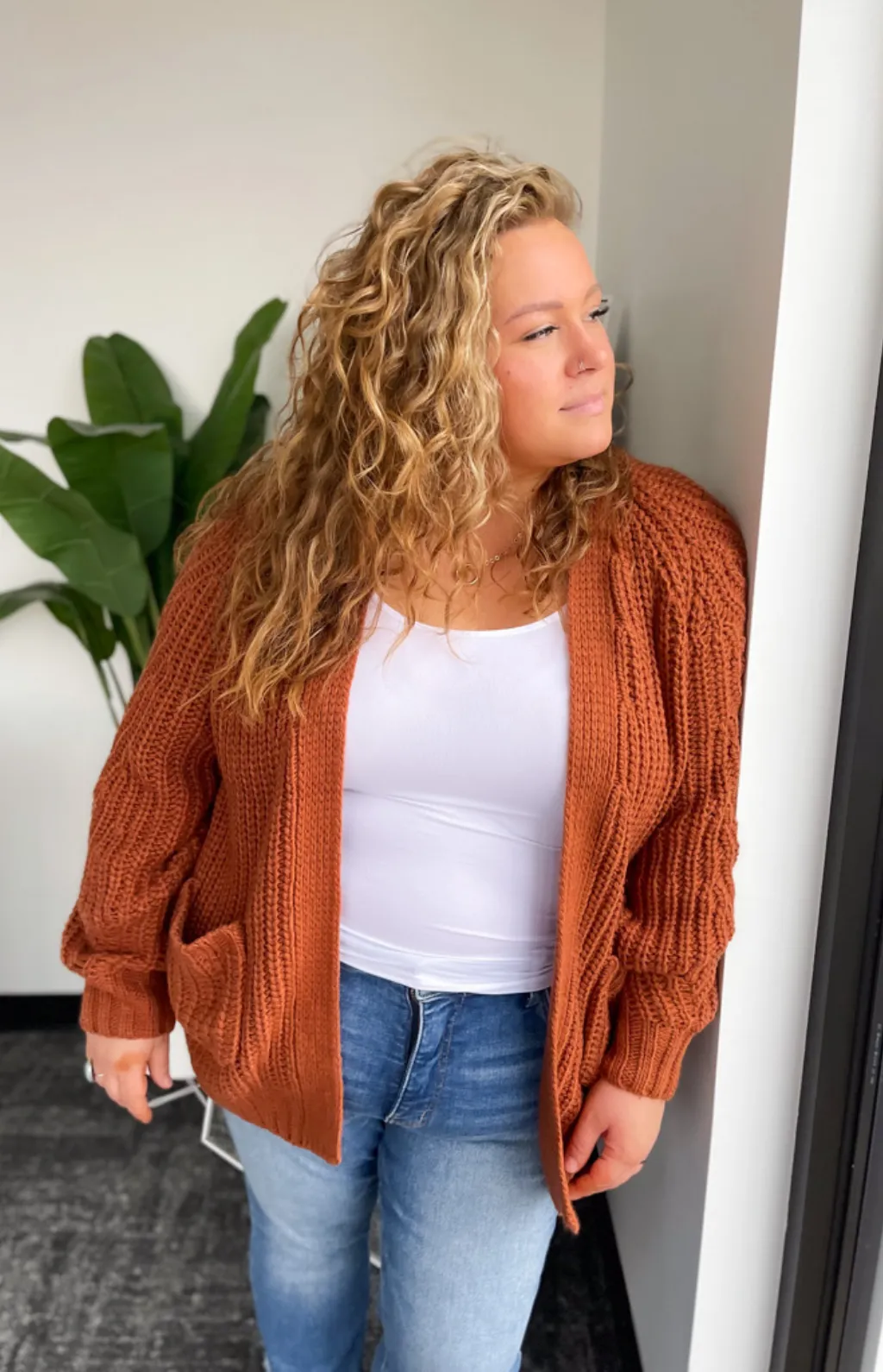 Saylor Chunky Knit Camel Cardigan-Curvy
