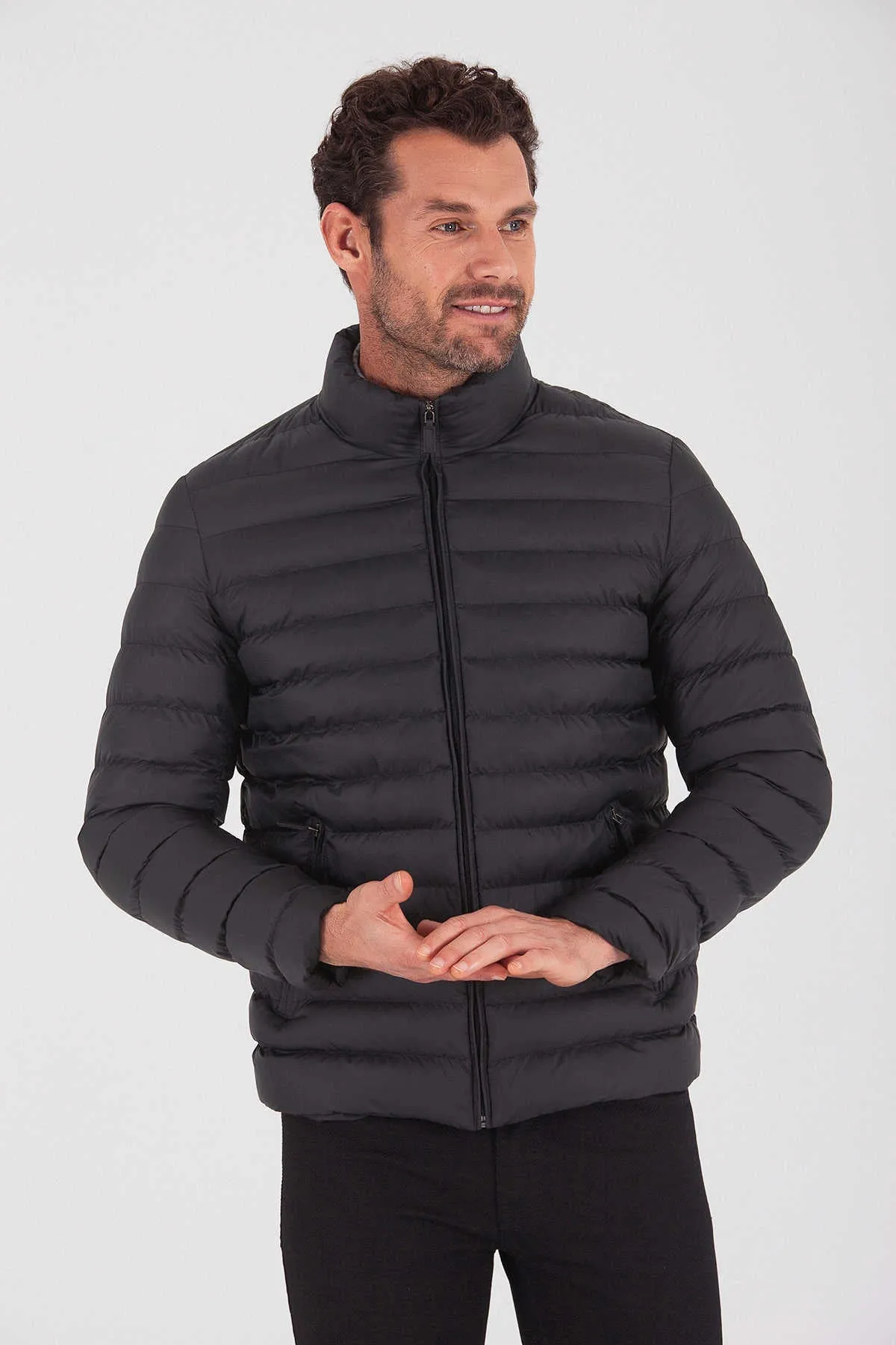 Slim Fit Black Padded Stand Collar Full-Zip Coat