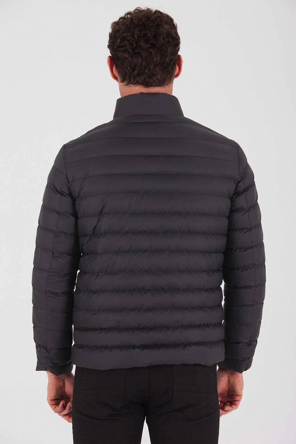 Slim Fit Black Padded Stand Collar Full-Zip Coat