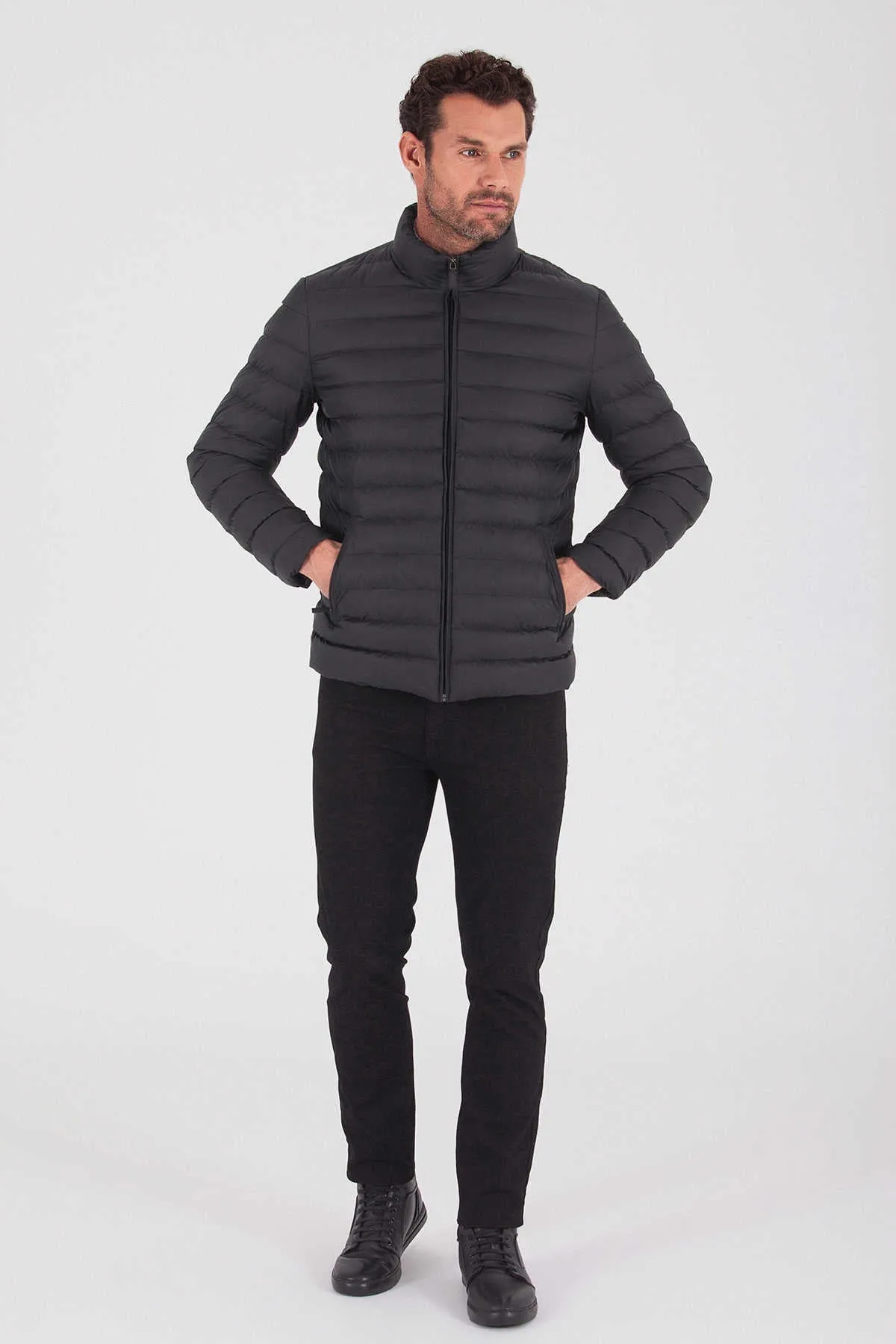 Slim Fit Black Padded Stand Collar Full-Zip Coat