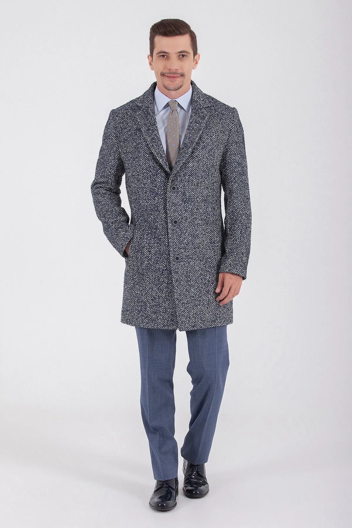 Slim Fit Cachet Denver Notch Lapel Wool Blend Navy Overcoat, Navy D.