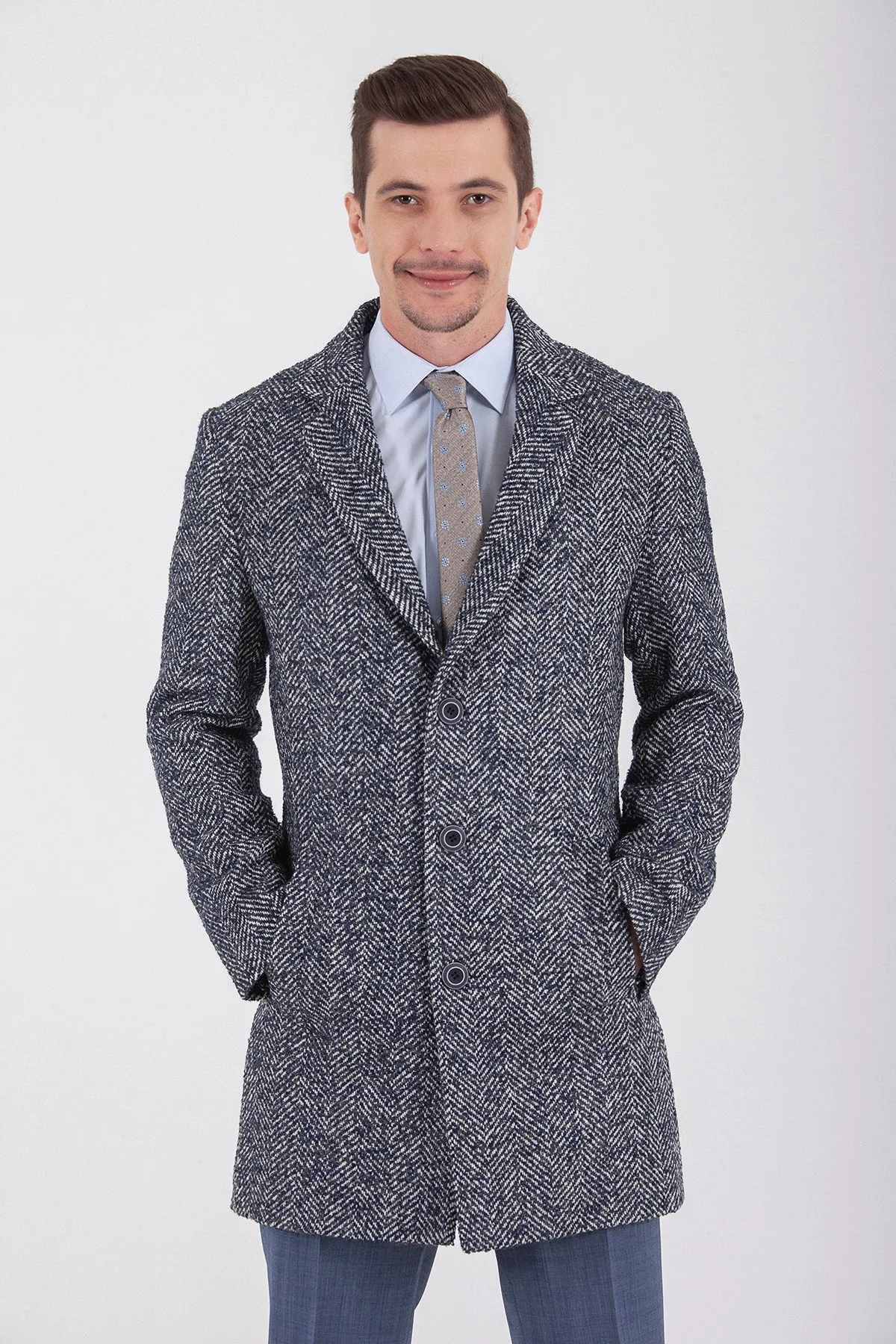 Slim Fit Cachet Denver Notch Lapel Wool Blend Navy Overcoat, Navy D.