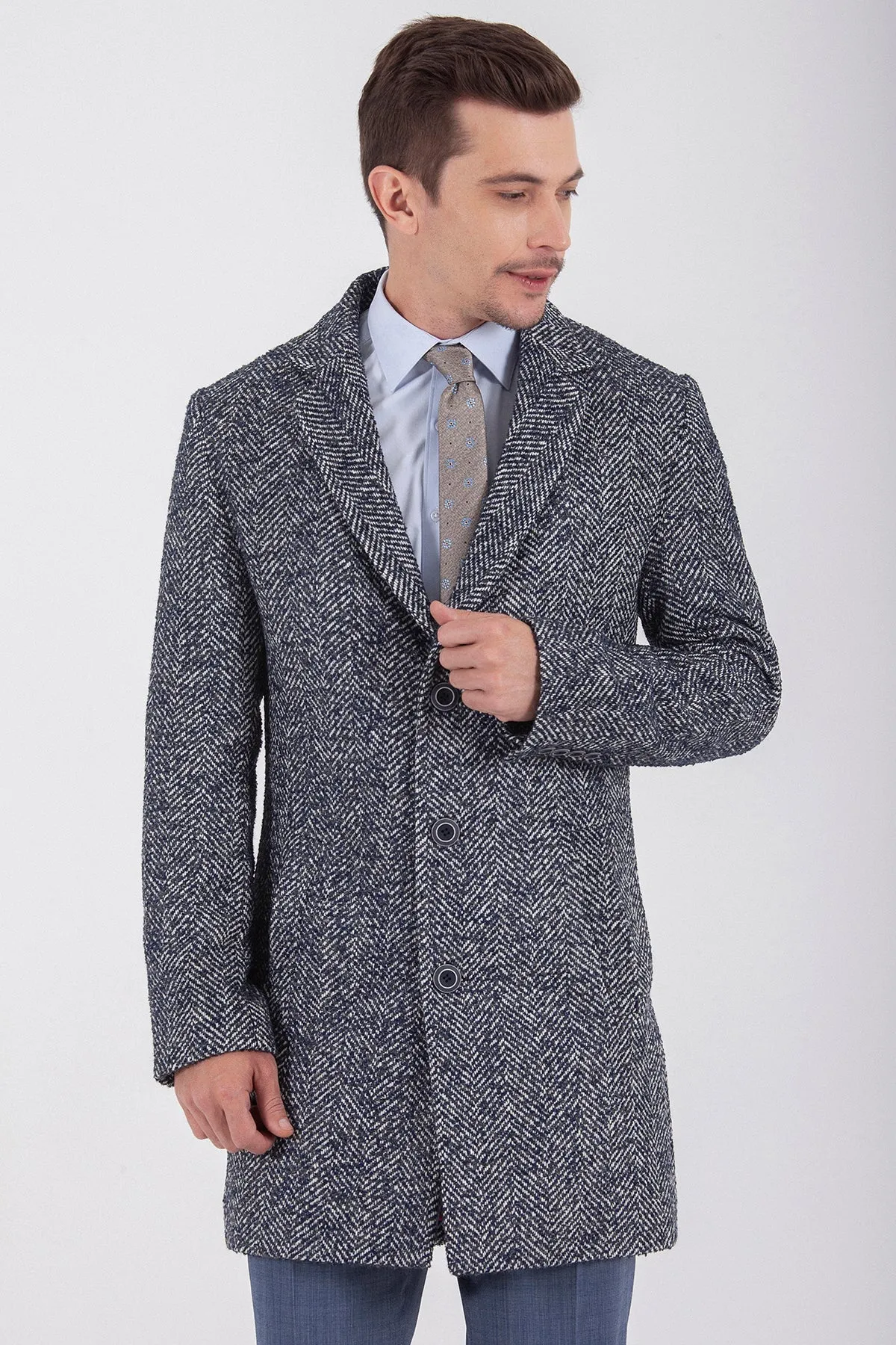 Slim Fit Cachet Denver Notch Lapel Wool Blend Navy Overcoat, Navy D.