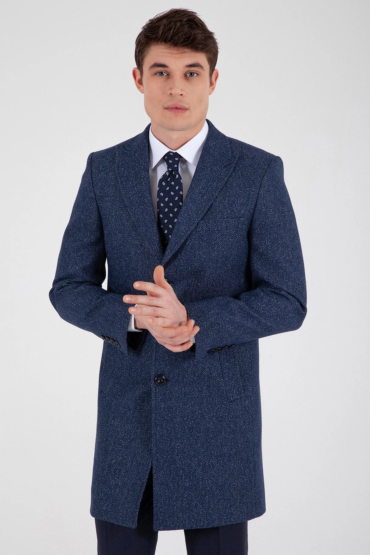 Slim Fit Notch Lapel Rotterdam Wool Navy Overcoat, Navy D.