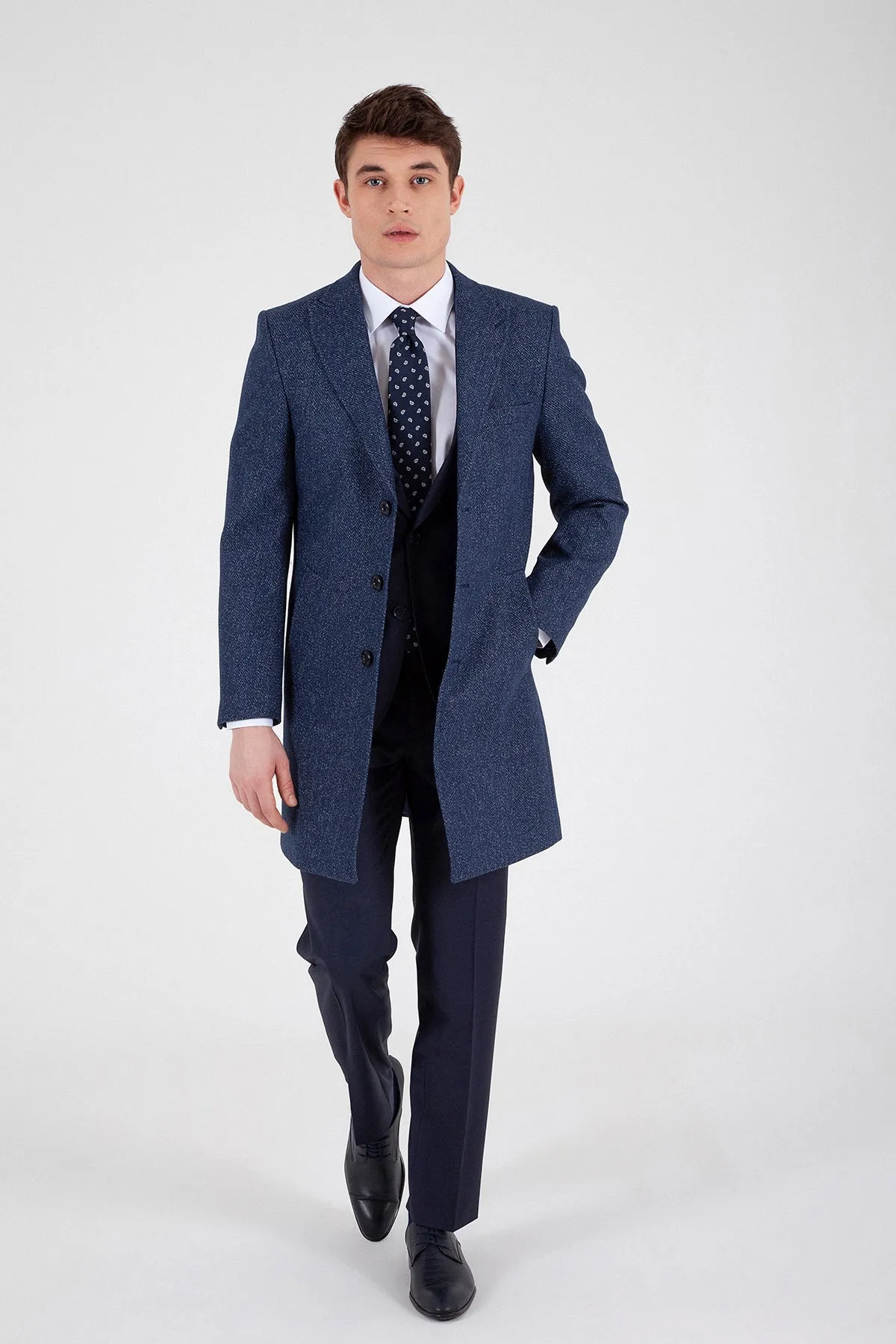 Slim Fit Notch Lapel Rotterdam Wool Navy Overcoat, Navy D.