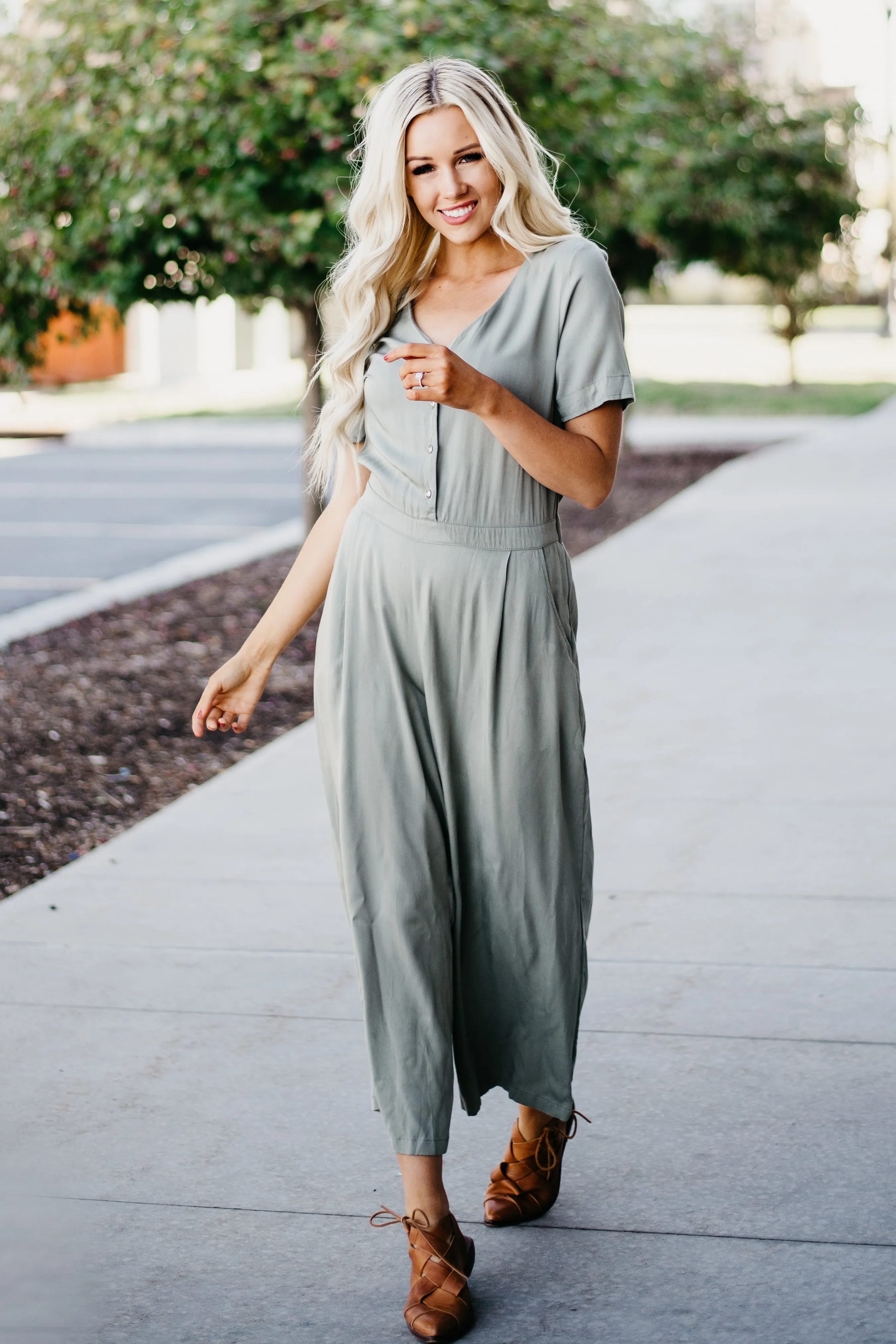 Solid Button Jumper: Olive