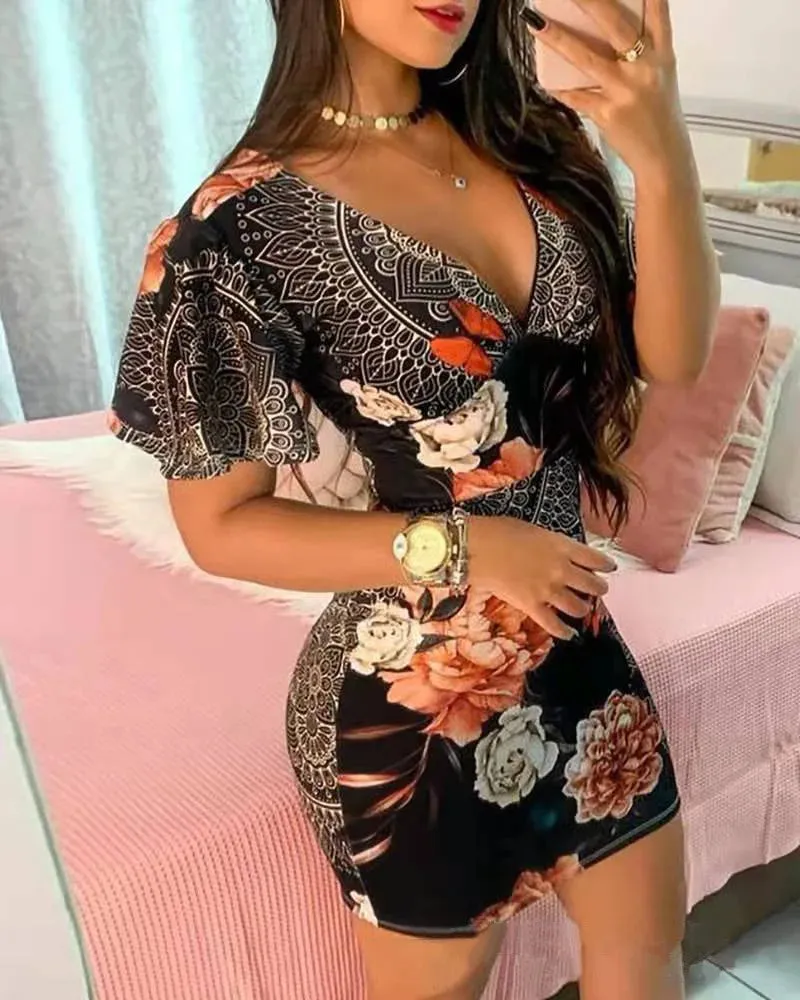 Summer Elegant Floral Print Bodycon Mini Dress Women 2023 Fashion Sexy Deep V-neck Package Hip Dresess Office Lady Party Dress