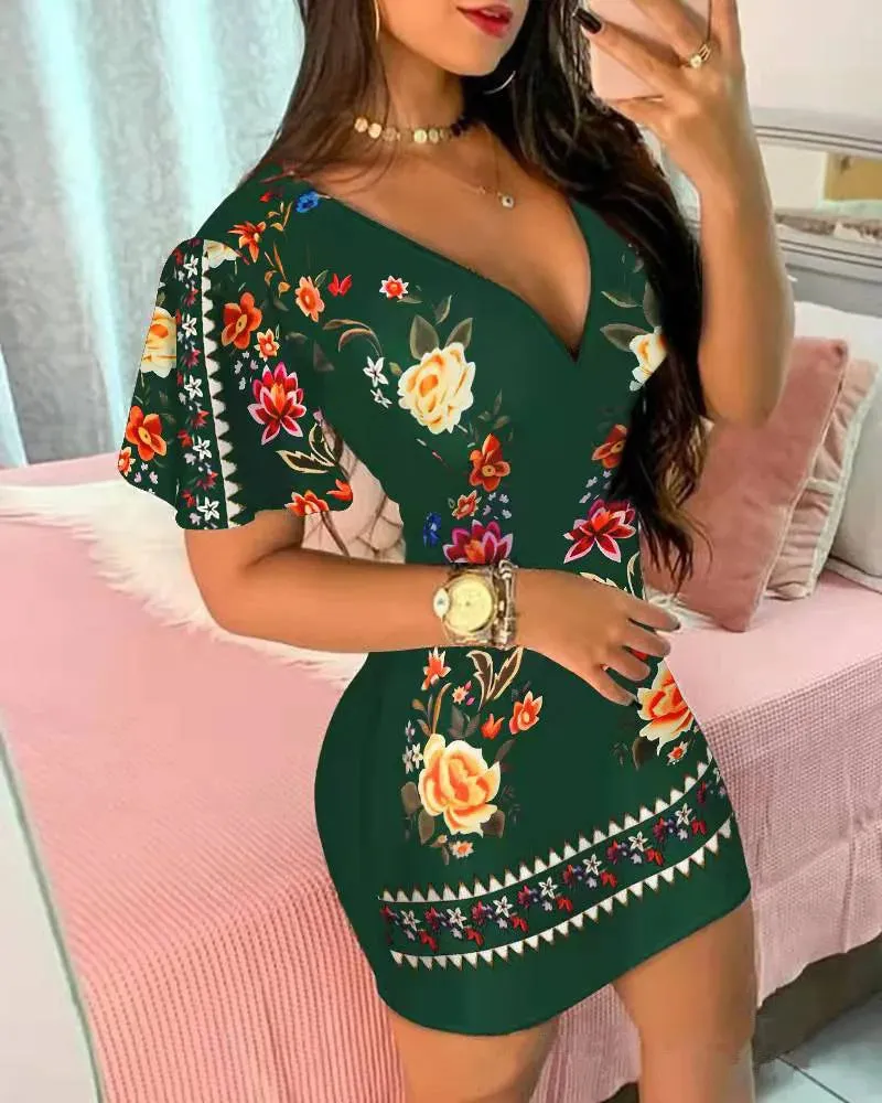 Summer Elegant Floral Print Bodycon Mini Dress Women 2023 Fashion Sexy Deep V-neck Package Hip Dresess Office Lady Party Dress