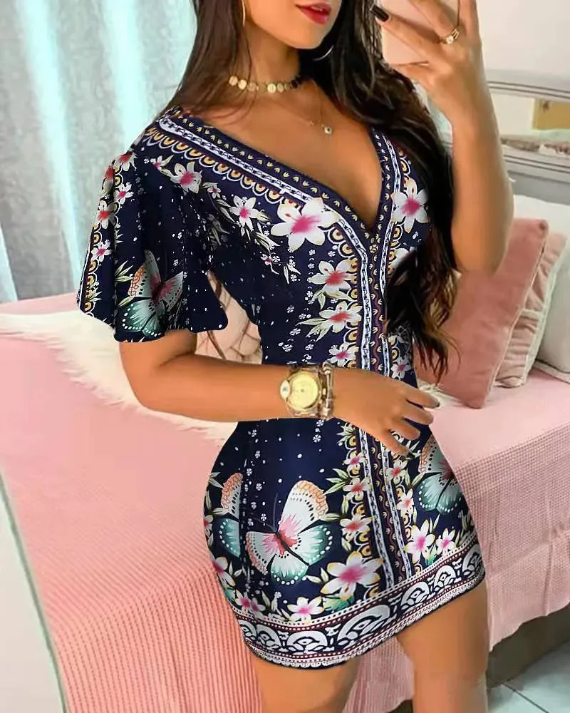 Summer Elegant Floral Print Bodycon Mini Dress Women 2023 Fashion Sexy Deep V-neck Package Hip Dresess Office Lady Party Dress