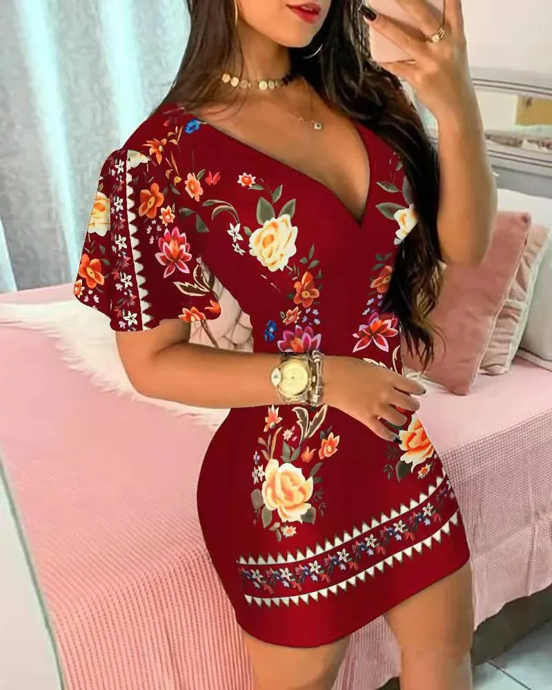 Summer Elegant Floral Print Bodycon Mini Dress Women 2023 Fashion Sexy Deep V-neck Package Hip Dresess Office Lady Party Dress