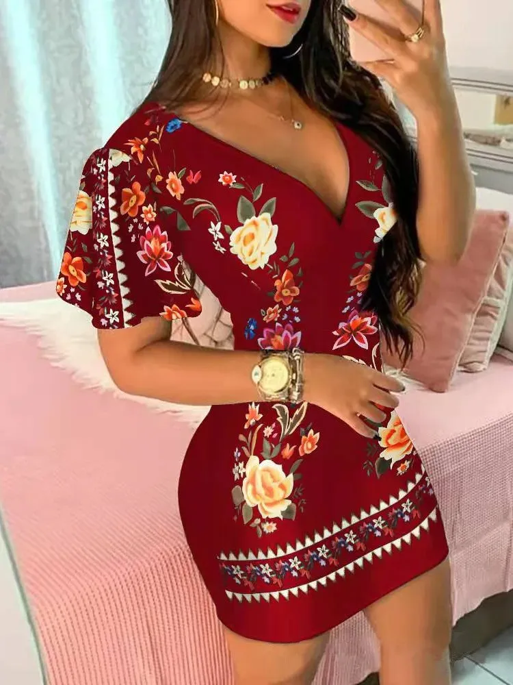 Summer Elegant Floral Print Bodycon Mini Dress Women 2023 Fashion Sexy Deep V-neck Package Hip Dresess Office Lady Party Dress