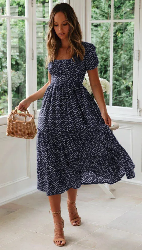 Summer Woman Floral Print Dress Fashion Casual Elegant Short Sleeve Dress Square Collar Beach Party Long Dress For Women Robe