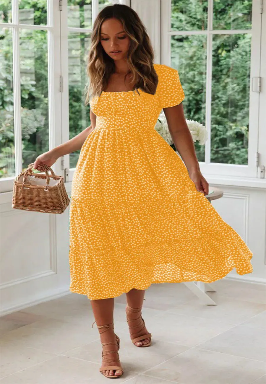 Summer Woman Floral Print Dress Fashion Casual Elegant Short Sleeve Dress Square Collar Beach Party Long Dress For Women Robe