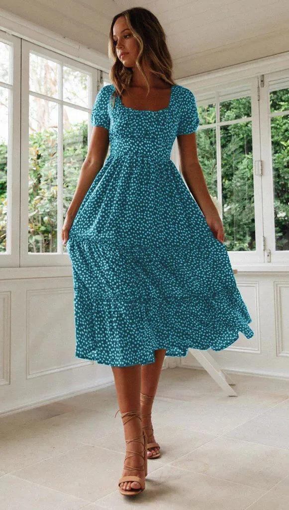 Summer Woman Floral Print Dress Fashion Casual Elegant Short Sleeve Dress Square Collar Beach Party Long Dress For Women Robe