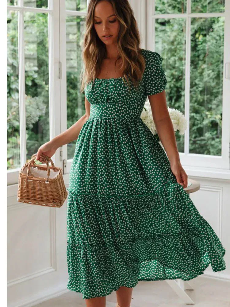Summer Woman Floral Print Dress Fashion Casual Elegant Short Sleeve Dress Square Collar Beach Party Long Dress For Women Robe