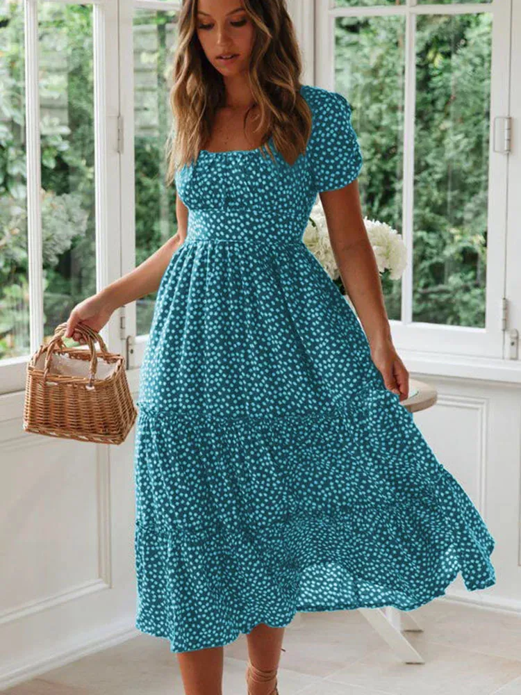 Summer Woman Floral Print Dress Fashion Casual Elegant Short Sleeve Dress Square Collar Beach Party Long Dress For Women Robe
