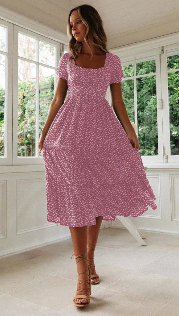 Summer Woman Floral Print Dress Fashion Casual Elegant Short Sleeve Dress Square Collar Beach Party Long Dress For Women Robe