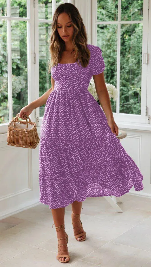 Summer Woman Floral Print Dress Fashion Casual Elegant Short Sleeve Dress Square Collar Beach Party Long Dress For Women Robe