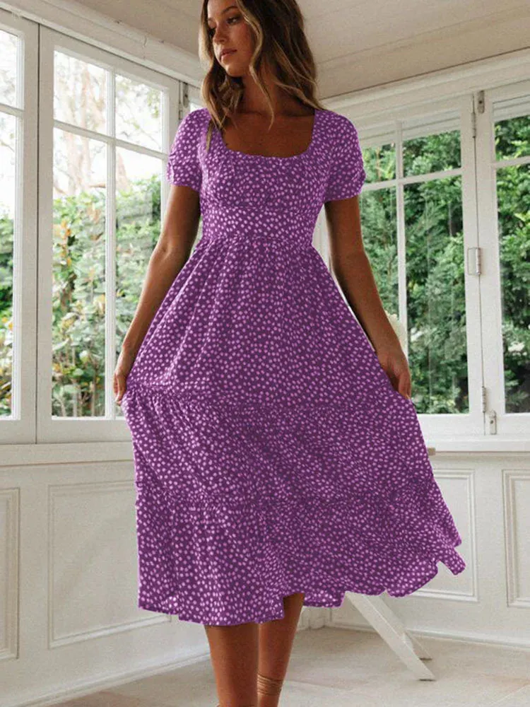 Summer Woman Floral Print Dress Fashion Casual Elegant Short Sleeve Dress Square Collar Beach Party Long Dress For Women Robe