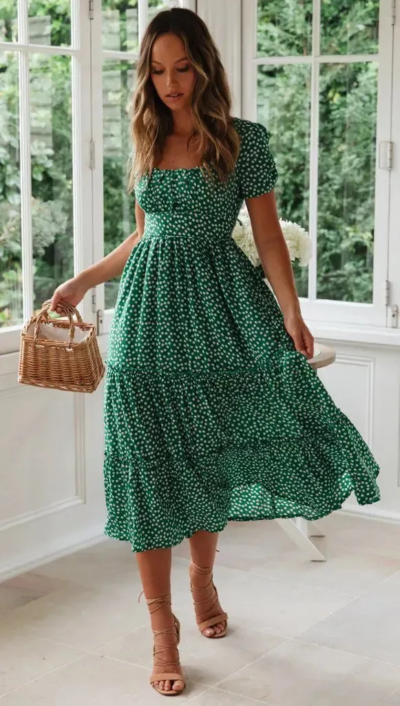 Summer Woman Floral Print Dress Fashion Casual Elegant Short Sleeve Dress Square Collar Beach Party Long Dress For Women Robe