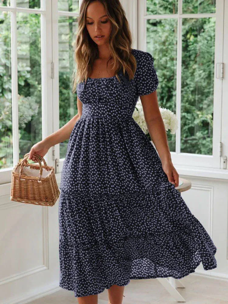 Summer Woman Floral Print Dress Fashion Casual Elegant Short Sleeve Dress Square Collar Beach Party Long Dress For Women Robe