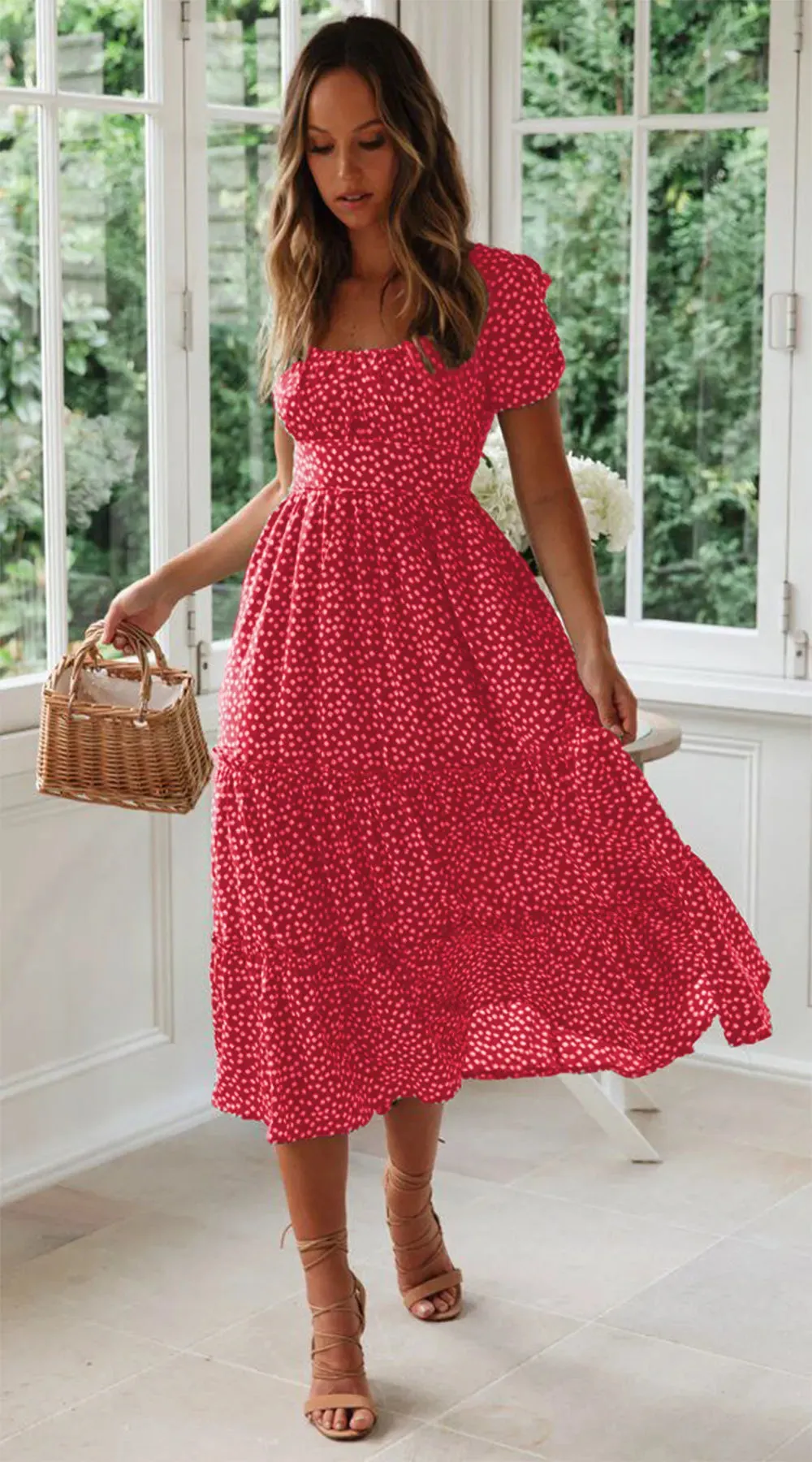 Summer Woman Floral Print Dress Fashion Casual Elegant Short Sleeve Dress Square Collar Beach Party Long Dress For Women Robe