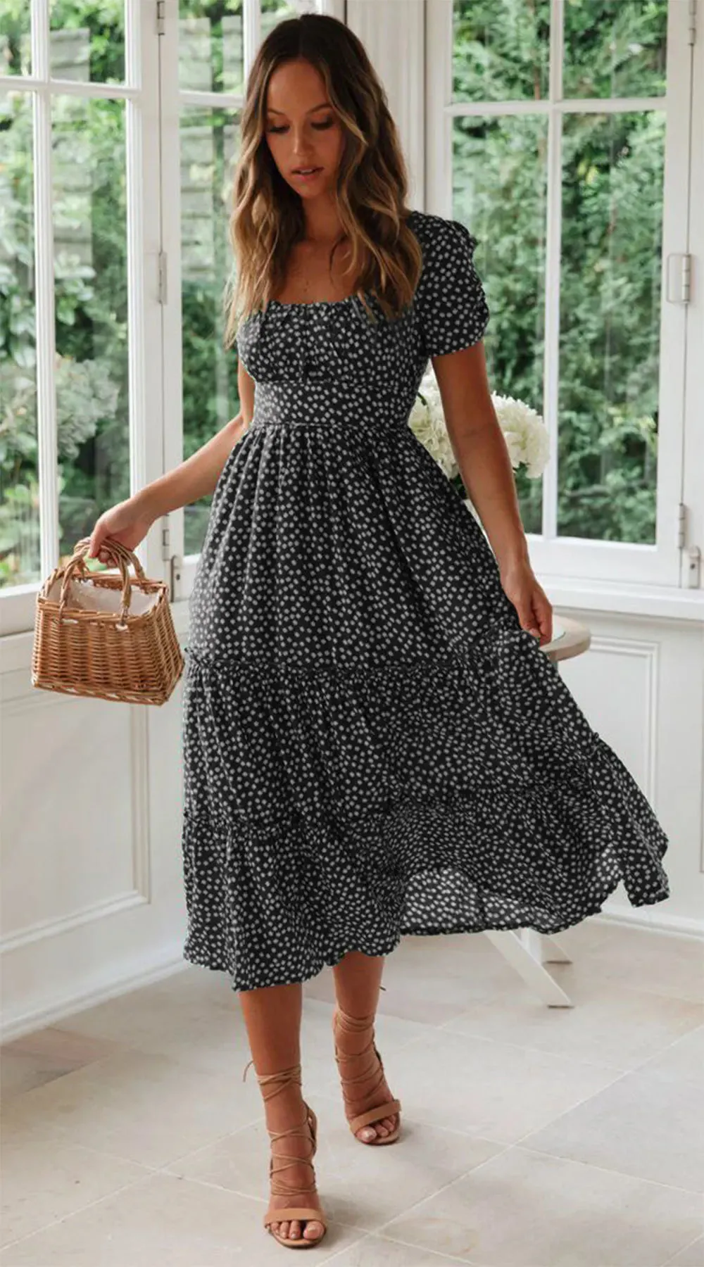 Summer Woman Floral Print Dress Fashion Casual Elegant Short Sleeve Dress Square Collar Beach Party Long Dress For Women Robe
