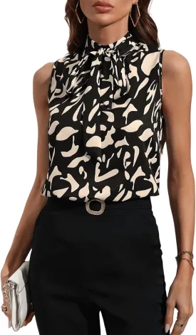 SweatyRocks Women's Elegant Graphic Print Bow Tie Neck Blouse Keyhole Back Sleeveless Tank Top