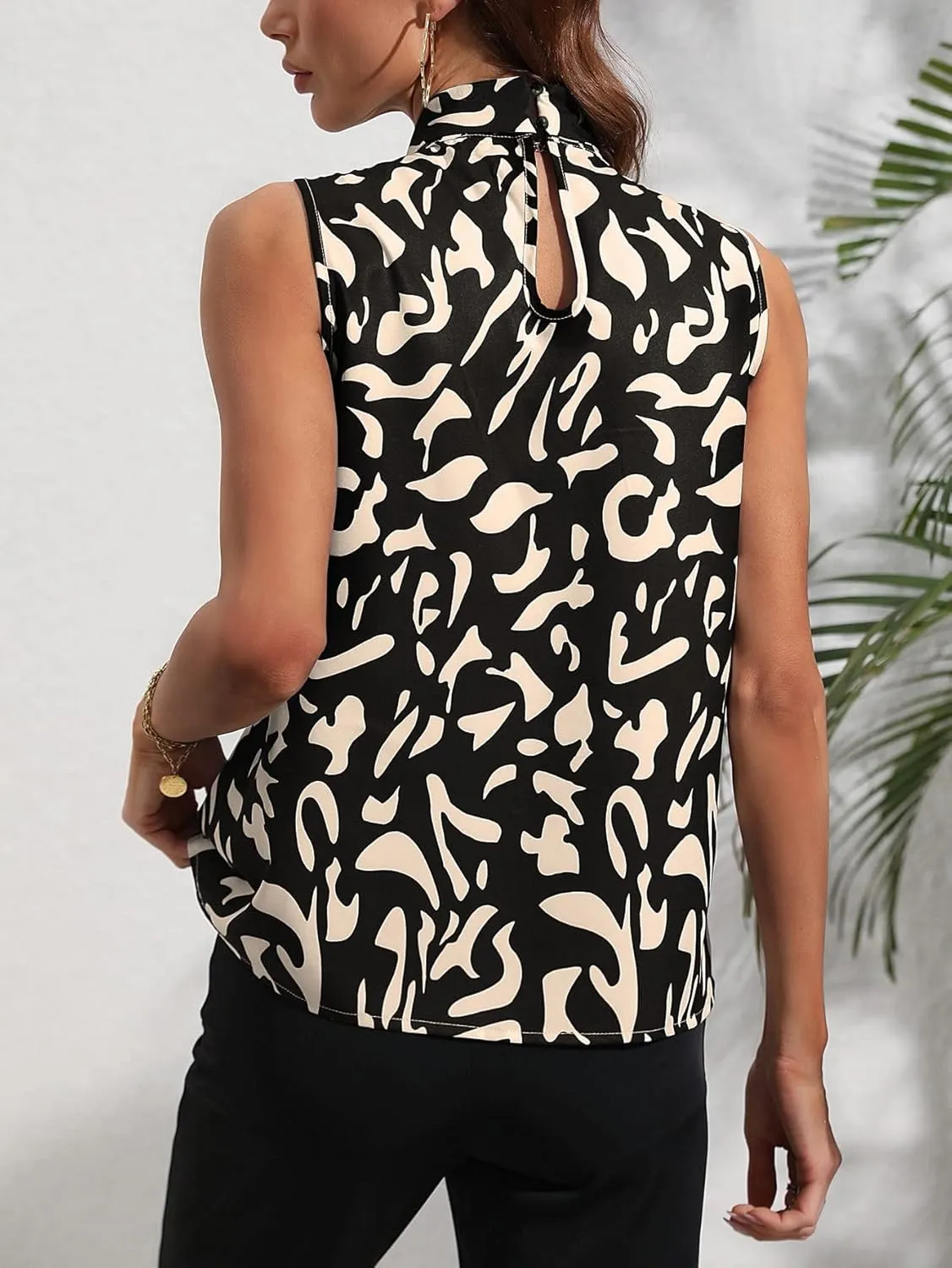 SweatyRocks Women's Elegant Graphic Print Bow Tie Neck Blouse Keyhole Back Sleeveless Tank Top