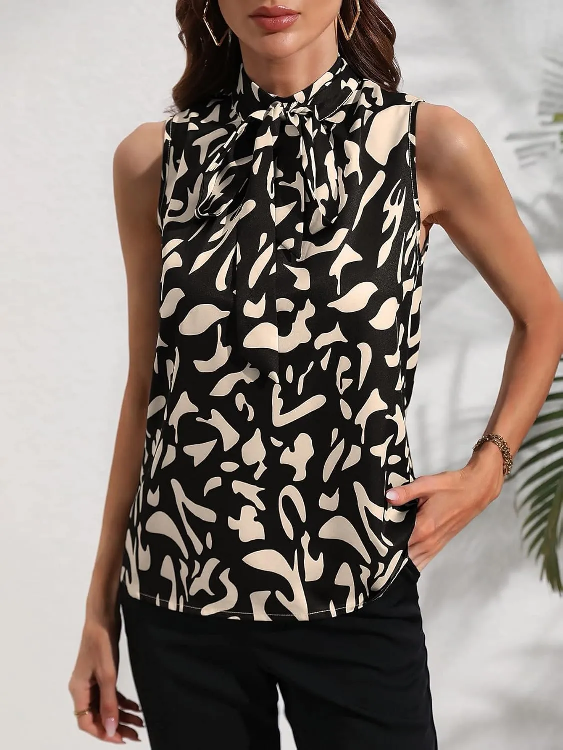 SweatyRocks Women's Elegant Graphic Print Bow Tie Neck Blouse Keyhole Back Sleeveless Tank Top
