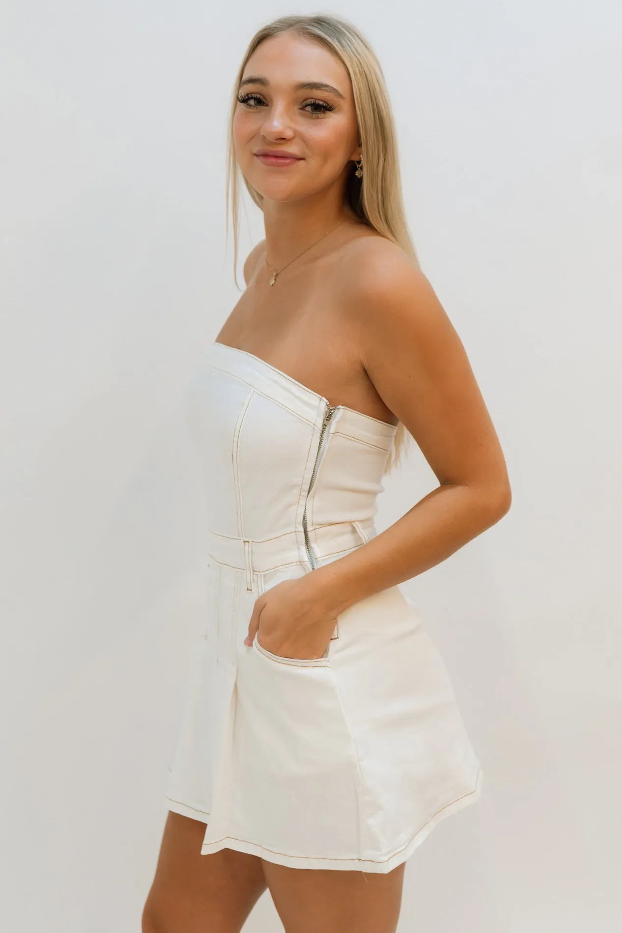 Taylor Pleated Denim Romper - White