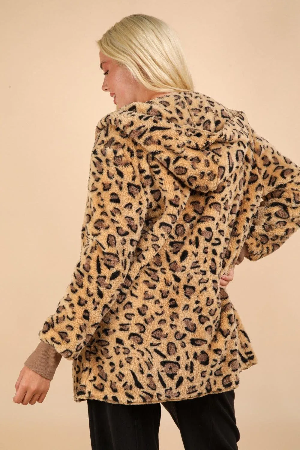 VERY J Fuzzy Leopard Jacket Long Sleeve Hooded Cotton Blend Outwear