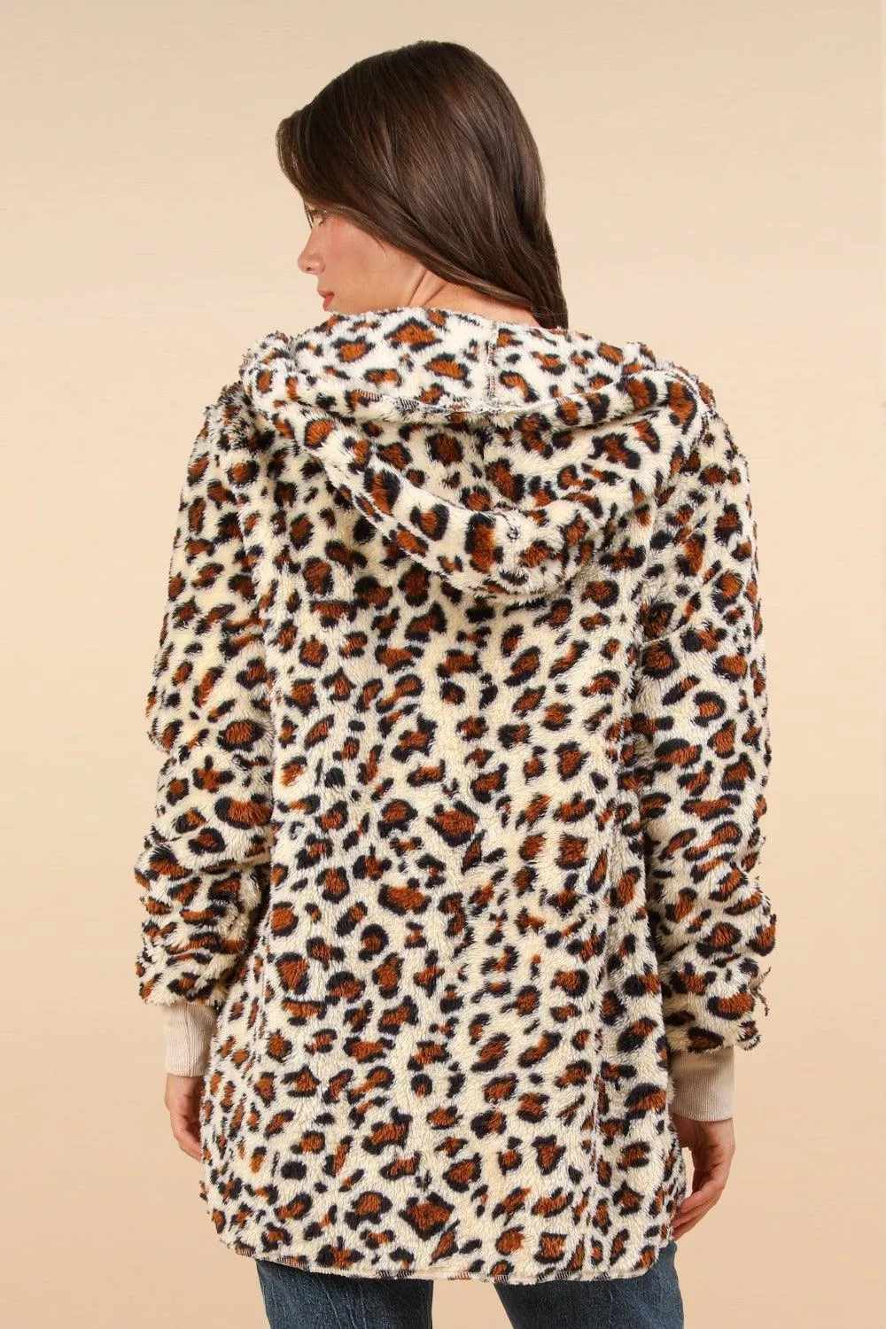 VERY J Fuzzy Leopard Long Sleeve Hooded Jacket Open Pocketed