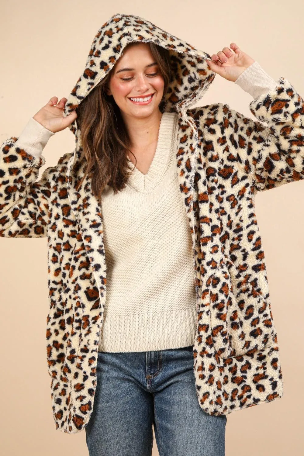 VERY J Fuzzy Leopard Long Sleeve Hooded Jacket Open Pocketed