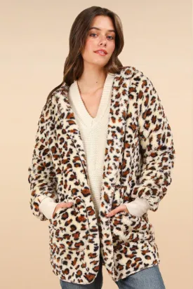 VERY J Fuzzy Leopard Long Sleeve Hooded Jacket Open Pocketed