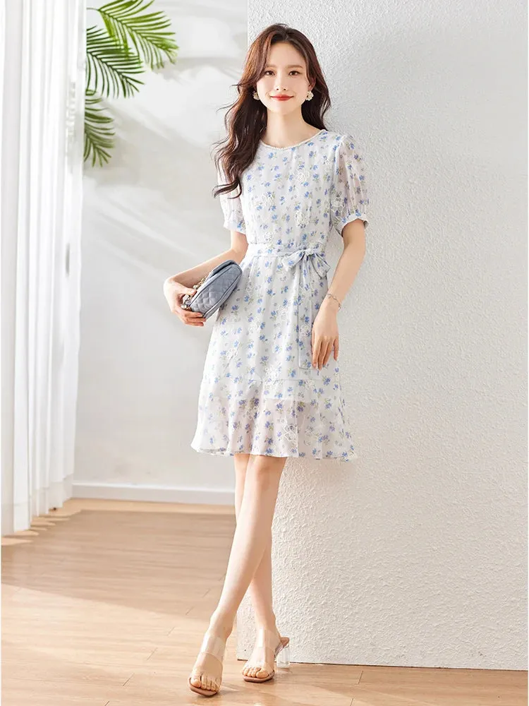 Vimly 2023 Summer New In French Floral Print Dress for Women Round Neck Belted Slim Short Sleeve Elegant Fashion Trumpet Dress