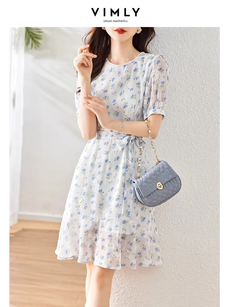 Vimly 2023 Summer New In French Floral Print Dress for Women Round Neck Belted Slim Short Sleeve Elegant Fashion Trumpet Dress