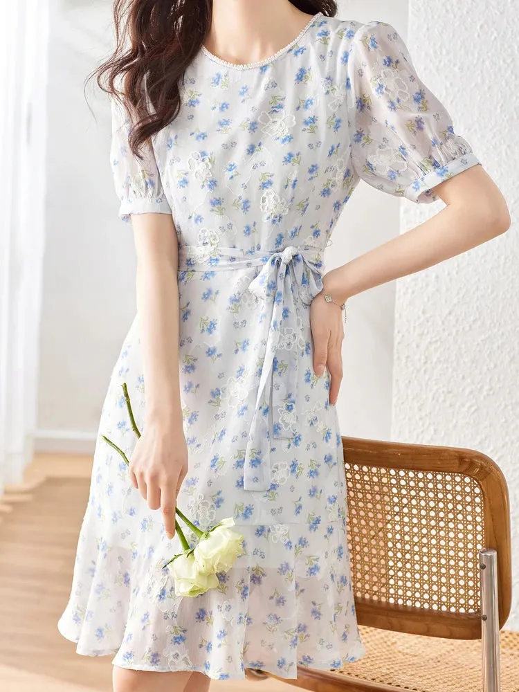 Vimly 2023 Summer New In French Floral Print Dress for Women Round Neck Belted Slim Short Sleeve Elegant Fashion Trumpet Dress
