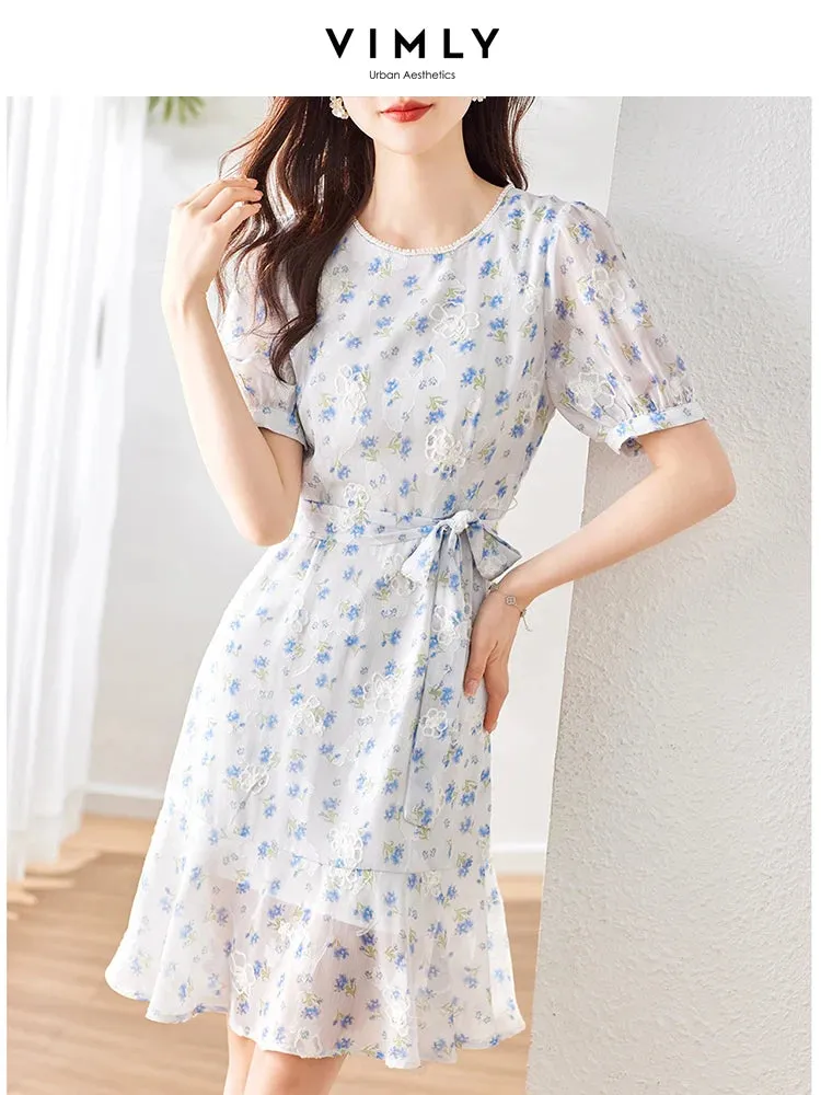 Vimly 2023 Summer New In French Floral Print Dress for Women Round Neck Belted Slim Short Sleeve Elegant Fashion Trumpet Dress