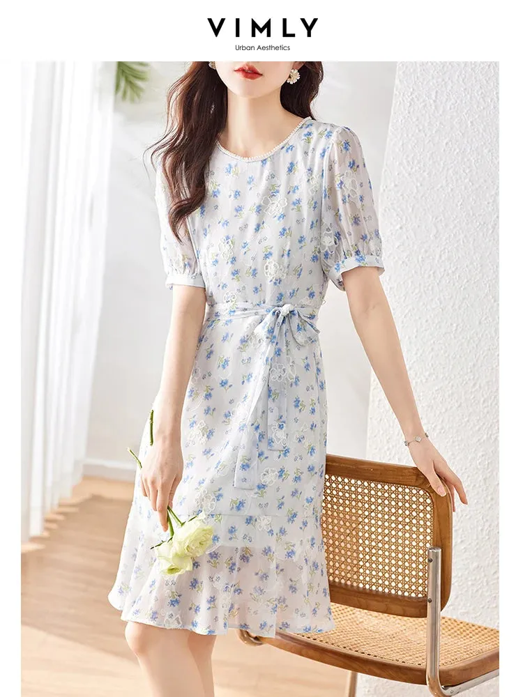 Vimly 2023 Summer New In French Floral Print Dress for Women Round Neck Belted Slim Short Sleeve Elegant Fashion Trumpet Dress