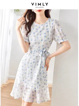 Vimly 2023 Summer New In French Floral Print Dress for Women Round Neck Belted Slim Short Sleeve Elegant Fashion Trumpet Dress