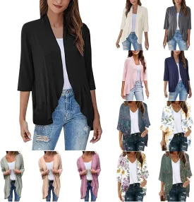 Wkishenl Women's 3/4 Sleeve Cardigan Summer Lightweight Cardigans Solid Draped Front Open Tops Casual Comfy Going Out Shirts