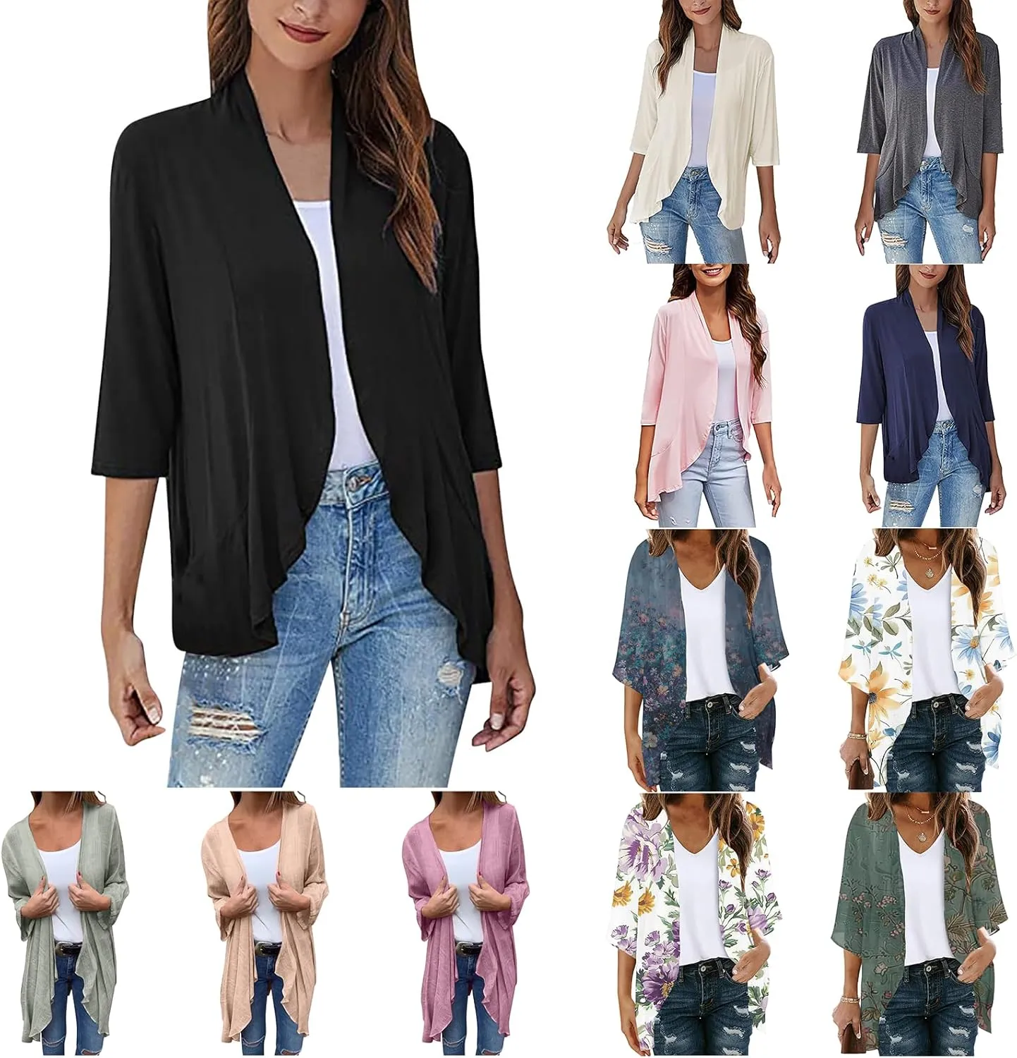 Wkishenl Women's 3/4 Sleeve Cardigan Summer Lightweight Cardigans Solid Draped Front Open Tops Casual Comfy Going Out Shirts