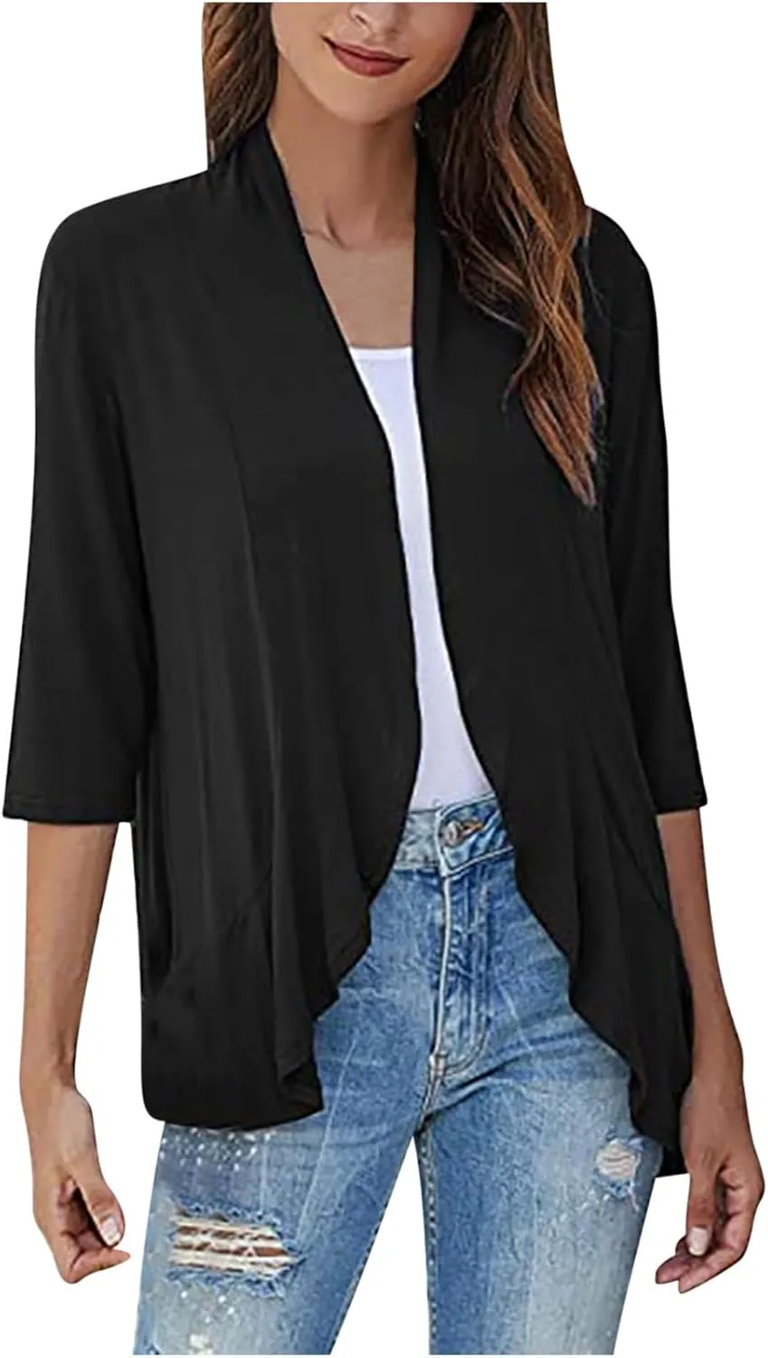 Wkishenl Women's 3/4 Sleeve Cardigan Summer Lightweight Cardigans Solid Draped Front Open Tops Casual Comfy Going Out Shirts
