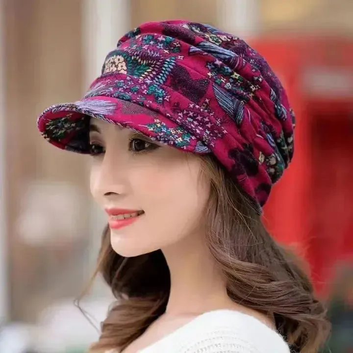 Women Hat Short Brim Warm Foldable Earflap Women Cap Ethnic Style Floral Print Autumn Winter Hat Daily Clothing Turban Visor