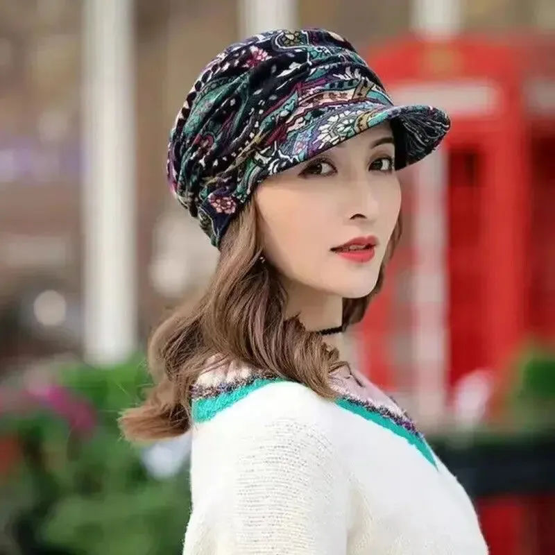 Women Hat Short Brim Warm Foldable Earflap Women Cap Ethnic Style Floral Print Autumn Winter Hat Daily Clothing Turban Visor