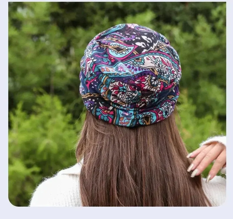 Women Hat Short Brim Warm Foldable Earflap Women Cap Ethnic Style Floral Print Autumn Winter Hat Daily Clothing Turban Visor