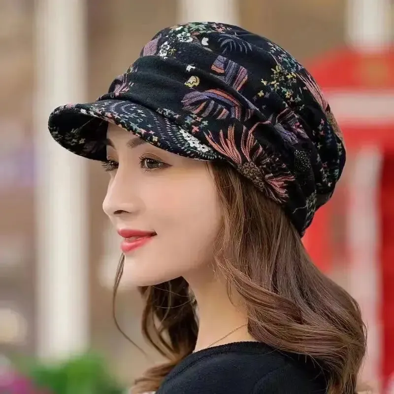 Women Hat Short Brim Warm Foldable Earflap Women Cap Ethnic Style Floral Print Autumn Winter Hat Daily Clothing Turban Visor