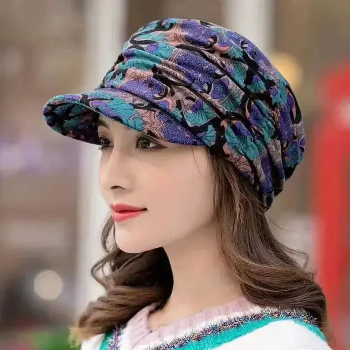 Women Hat Short Brim Warm Foldable Earflap Women Cap Ethnic Style Floral Print Autumn Winter Hat Daily Clothing Turban Visor