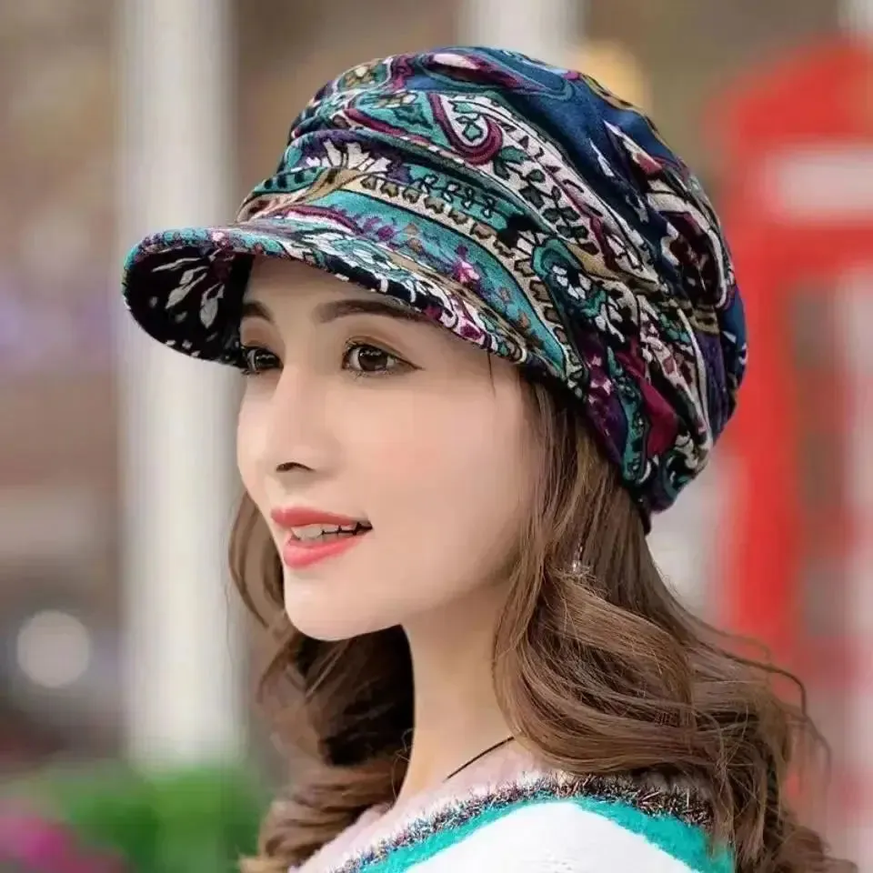 Women Hat Short Brim Warm Foldable Earflap Women Cap Ethnic Style Floral Print Autumn Winter Hat Daily Clothing Turban Visor